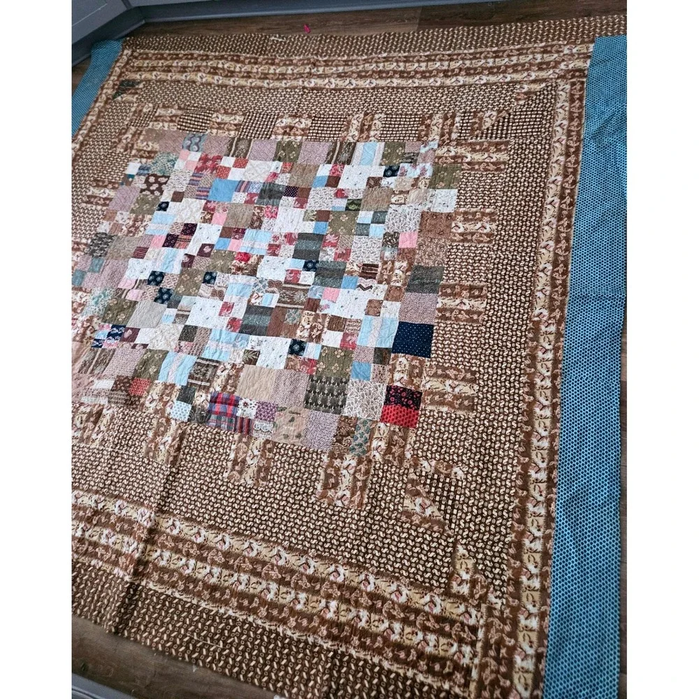 Handmade Patchwork Quilt Postage Stamp Brown Calico Floral Farmhouse 92x94 Vtg